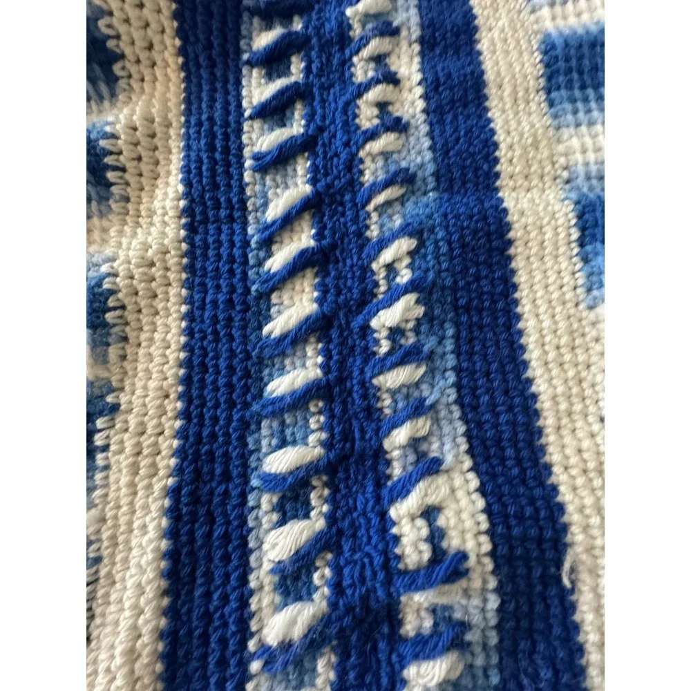 Handmade Crochet Afghan Throw Blue White Artisan Ruffle Shell Border 60 X 72